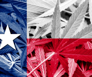 Texas State Flag on cannabis background. Drug policy. Legalization of marijuana