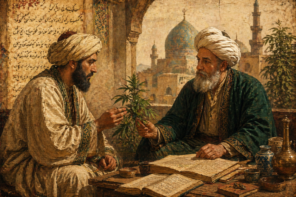 historical scholars discussing cannabis plant in islamic world manuscript style