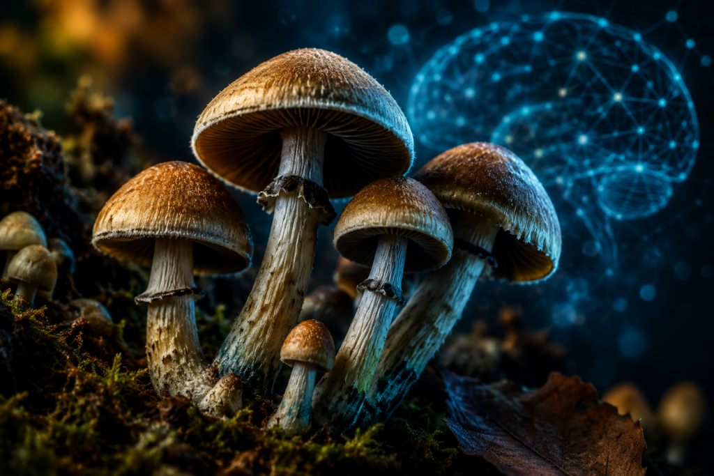 Close-up of psychedelic magic mushrooms with vibrant natural textures representing psilocybin education and beginner psychedelic exploration