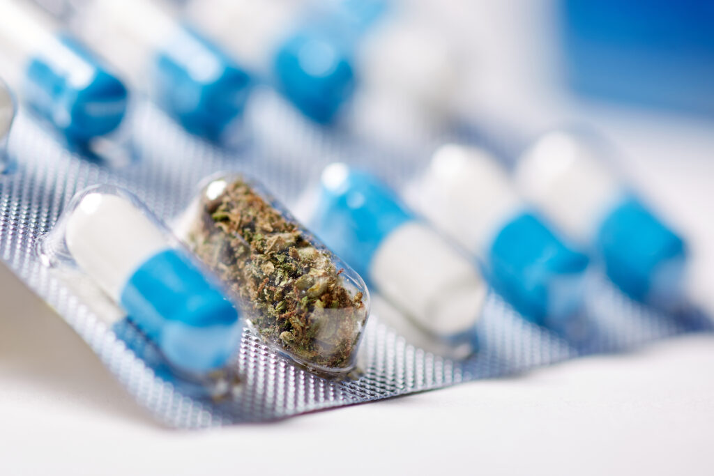 Medical cannabis flower and cannabinoid products displayed in a clean clinical setting beside medical tools and research documents