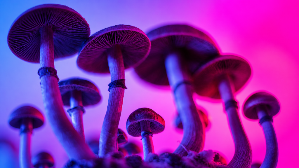 Psilocybin mushrooms in neon pink and blue lighting representing psychedelic research and cellular science