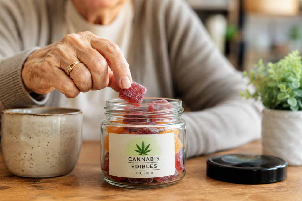 Older adult looking at cannabis edibles beside prescription medications in a home setting representing seniors using cannabis for wellness and pain relief.