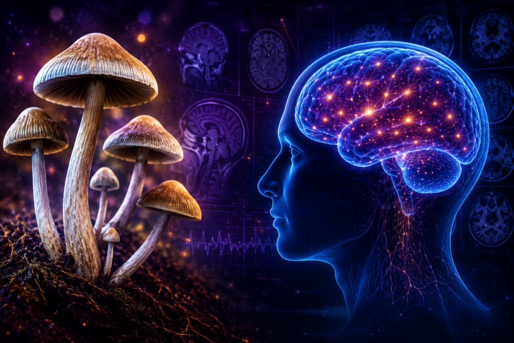 Psilocybin mushrooms beside a glowing human brain illustration representing psychedelic neuroscience and lasting brain changes after psilocybin use