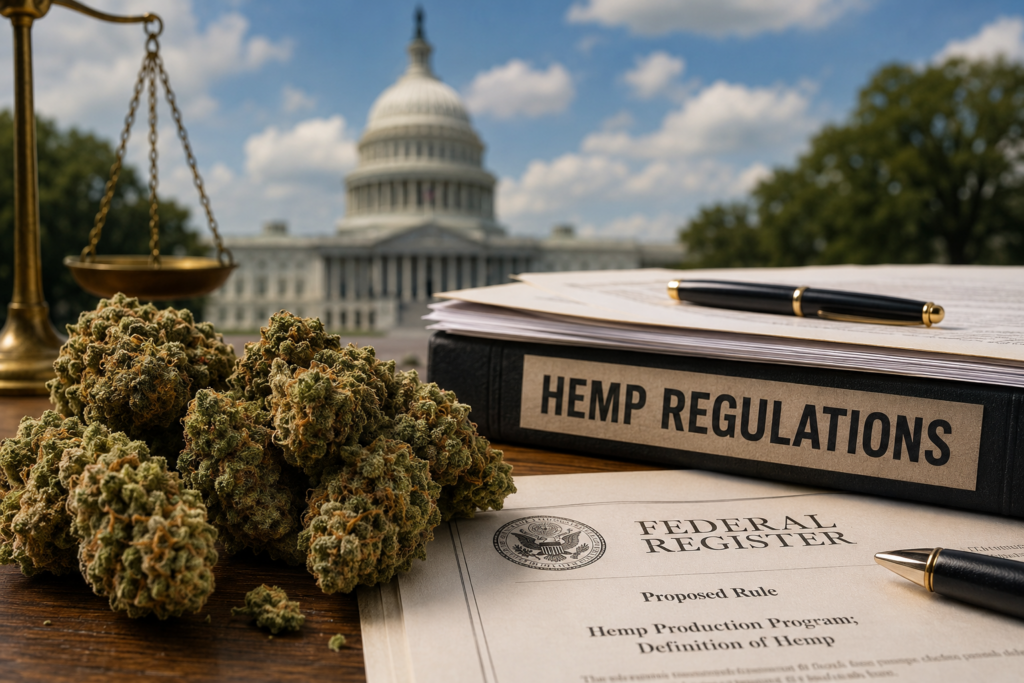 THCA flower displayed beside legal documents and the U.S. Capitol building, illustrating upcoming federal hemp regulations and potential THCA restrictions in the United States.