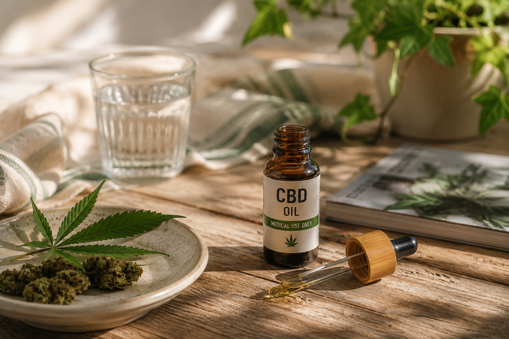 Amber CBD oil bottle and dropper on a rustic wooden table beside cannabis flower and a hemp leaf, illuminated by warm natural sunlight in a calm wellness setting. A glass of water, indoor plants, and soft-focus botanical reading material in the background create a peaceful atmosphere associated with cannabis-based health and wellness products.