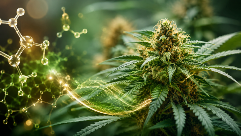 Close-up of a cannabis flower with glowing terpene-inspired molecular structures surrounding it, illustrating scientific research into non-psychoactive cannabis compounds for chronic pain relief.