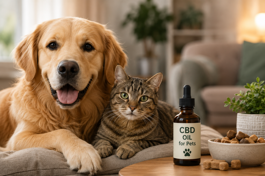 Golden retriever and tabby cat sitting beside a bottle of CBD oil, illustrating CBD products designed for pets.