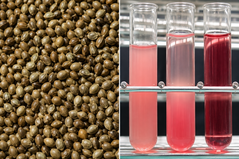 Close-up of hemp seeds beside laboratory test tubes containing pink and red liquid, illustrating research into a potential blood plasma substitute made from hemp seed protein.