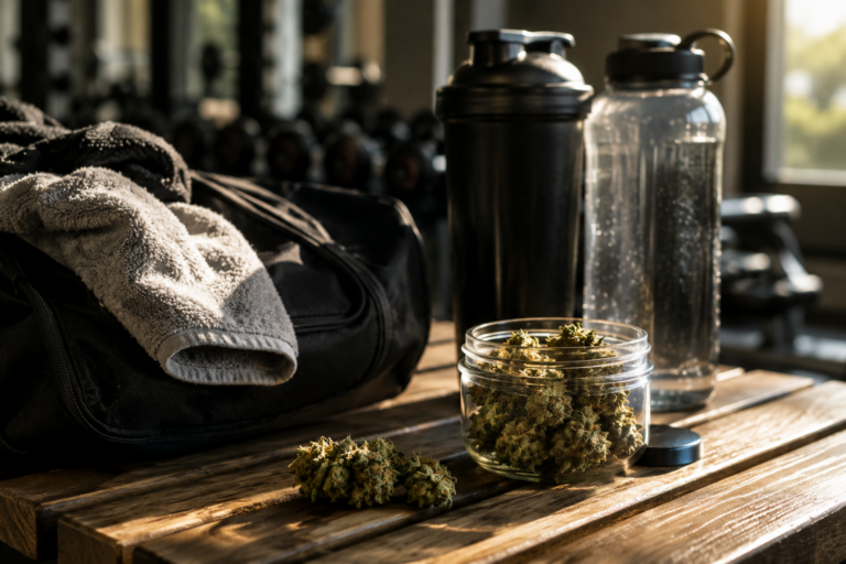 Glass jar filled with cannabis flower sitting on a gym locker room bench beside a gym bag, towel, water bottle, and protein shaker, representing a study on cannabis use and testosterone levels.
