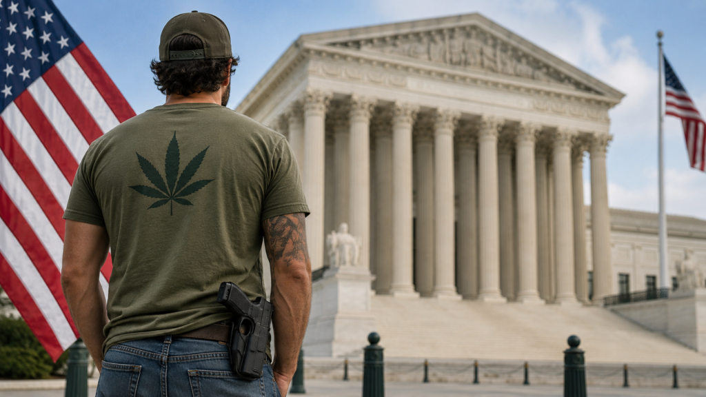 An American cannabis consumer standing near the U.S. Supreme Court building, symbolizing the legal debate surrounding marijuana use and firearm ownership rights.