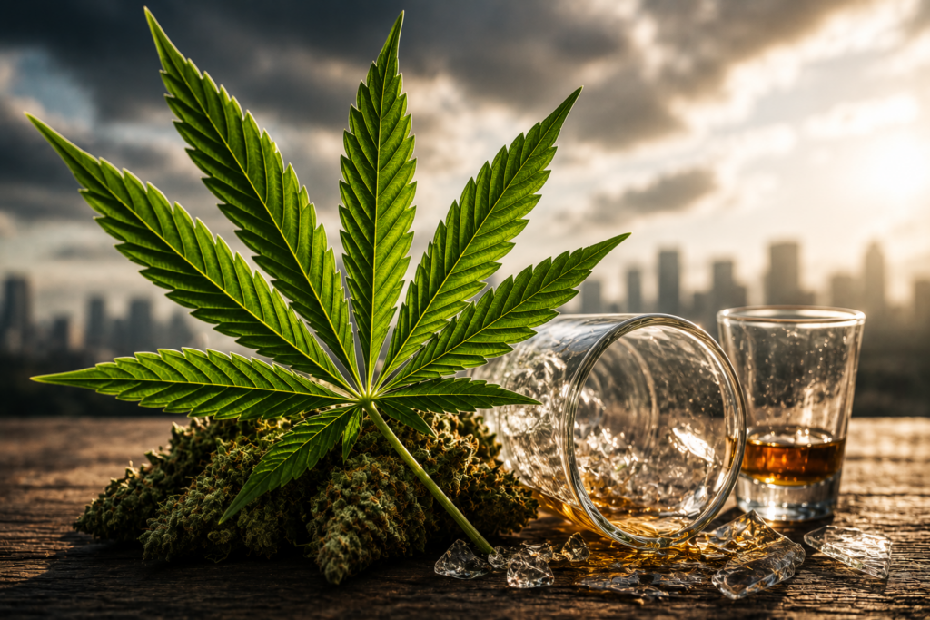 Cannabis leaf and buds dominating alcohol glasses, representing daily cannabis use surpassing daily drinking in the U.S.
