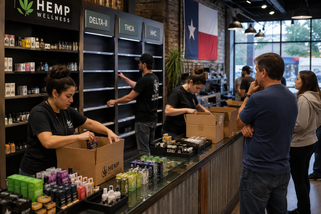 Employees remove hemp-derived THC products from store shelves in Texas after the state's new THC ban took effect.Employees remove hemp-derived THC products from store shelves in Texas after the state's new THC ban took effect.